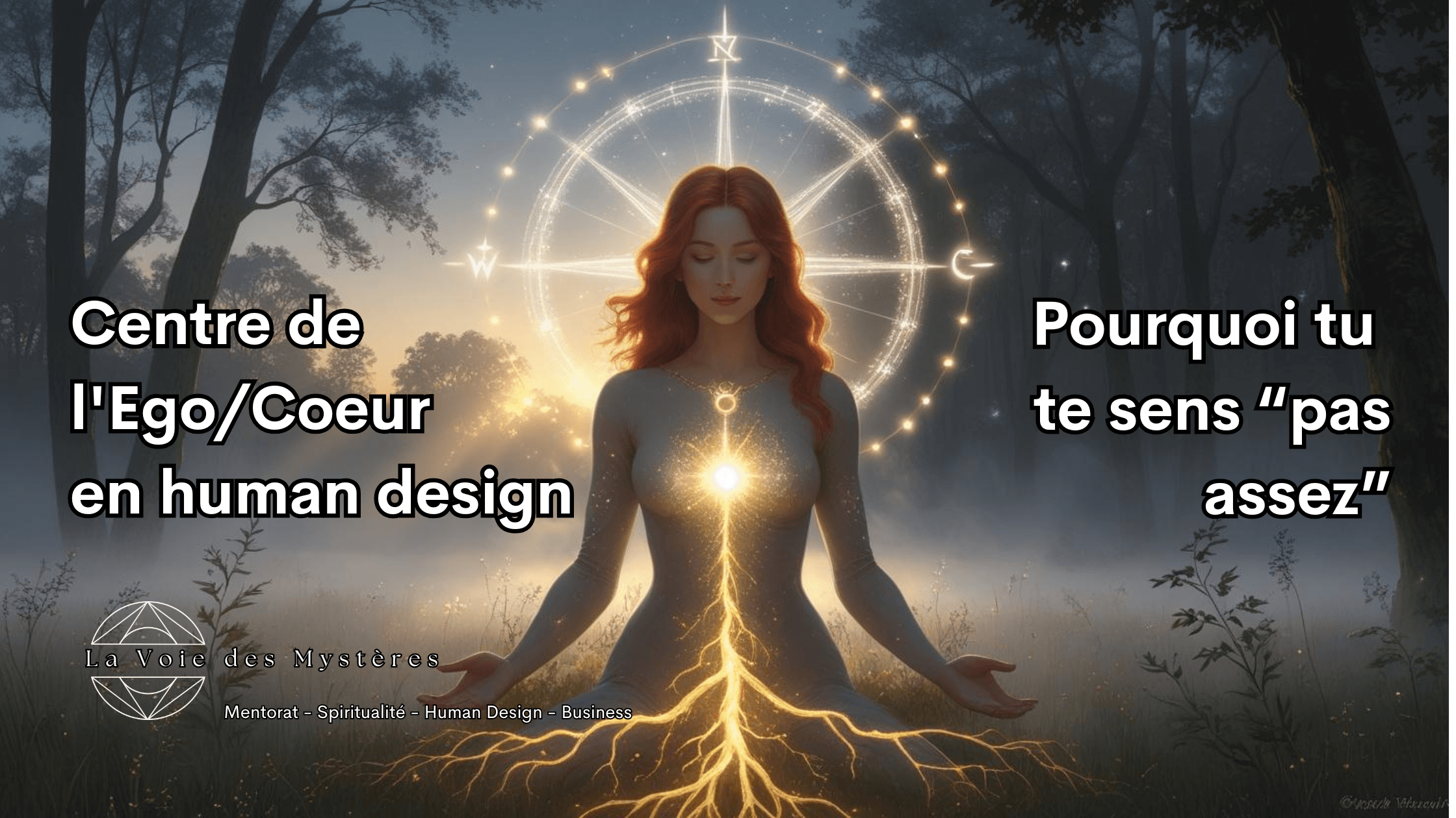 Une femme puissante dans une forêt initiatique le coeur relié à la terre. centre de l'Ego en human design